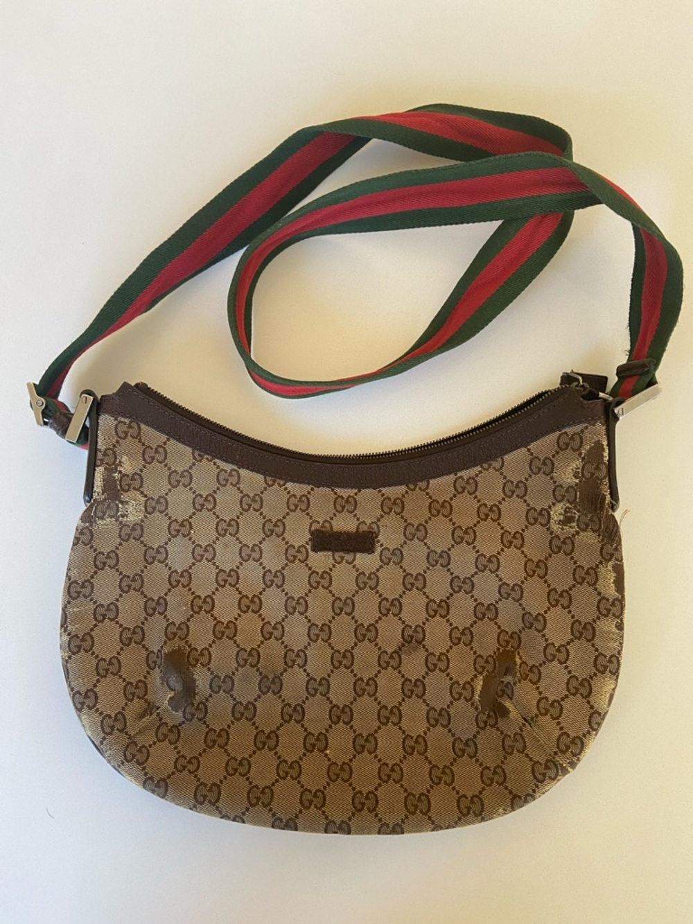 Gucci Beige GG Canvas Crossbody Bag with Green and Red Strap